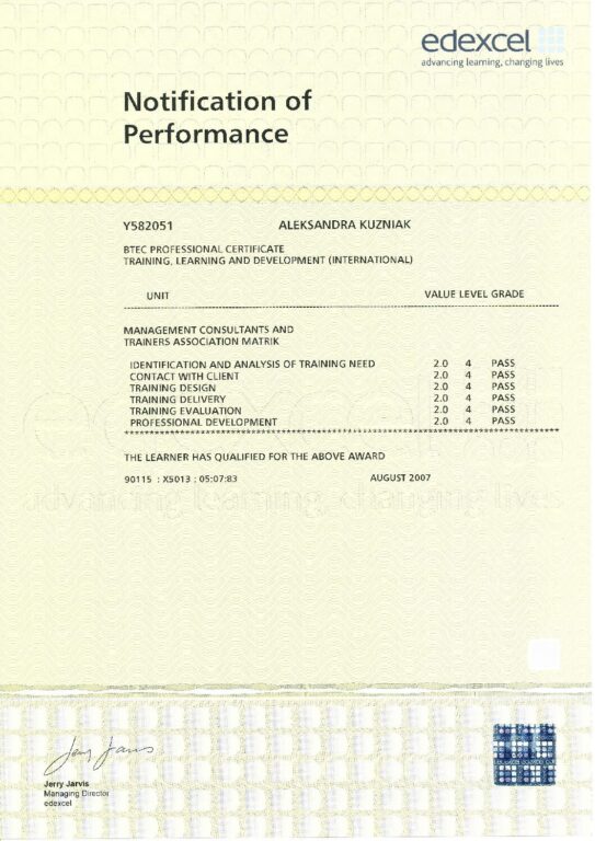 Certyfikat w zakresie treningu, uczenia i rozwoju