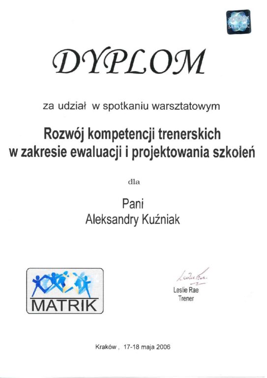 Dypolm ukończenia szkolenia -rozwój kompetencji trenerskich w zakresie projektowania i ewaluacji szkoleń